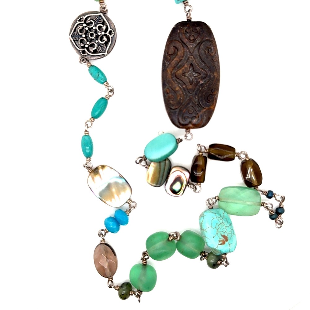 Silpada Turquoise Smoky Quartz Sterling Silver Mixed Stone Cord Necklace 37.5"